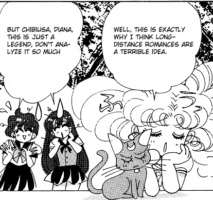 Ami and Rei tell Chibiusa not to analyze the story, chibiusa says she thinks long distance relationships are terrible ideas