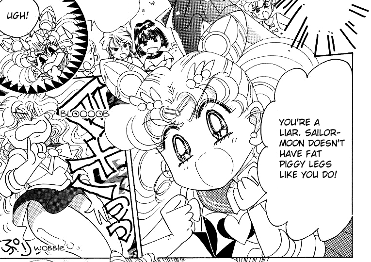 Sailor Chibimoon declares that the sailor moon imposter cant be the real sailor moon because her thighs are too fat