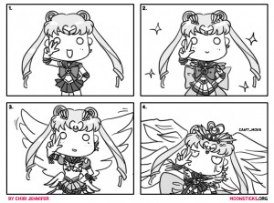 The first panel shows Sailor Moon, the second panel shows Super Sailor Moon, the third panel shows Eternal Sailor Moon and she is wobbling. The last panel has added more accessories to her outfit and she is falling over.