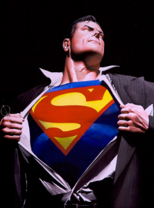 Superman pulls at his coat and shirt to reveal his chest, displaying his costume with an "S."