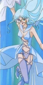 A woman with long light blue hair stands in a long coat, wearing panties and garter belts.