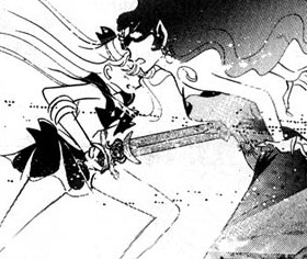 Manga Sailor Venus stabs Queen Beryl through the chest with the Holy Sword