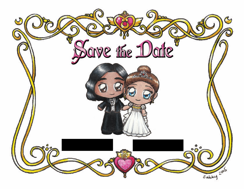 a chibi of a man in a tux and a brown haired girl wearing princess serenity's dress with a gold border