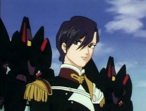 A woman with short, black hair in a soldier uniform stands in front of two black mechas.