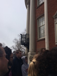 an iron balcony at a church