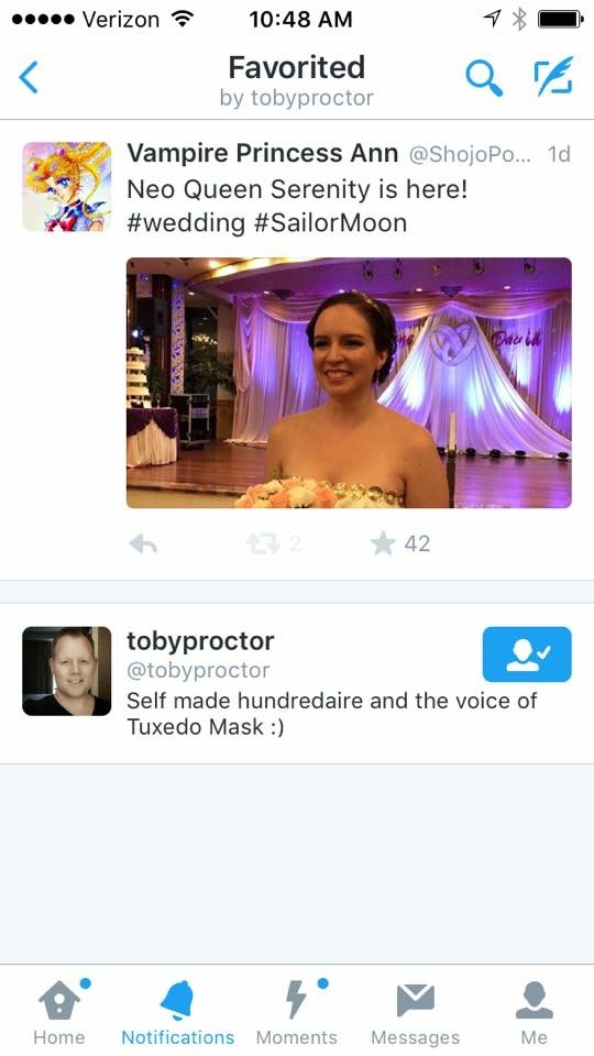 a twitter feed with Anne's Serenity bridal look and Toby Proctor favoriting it