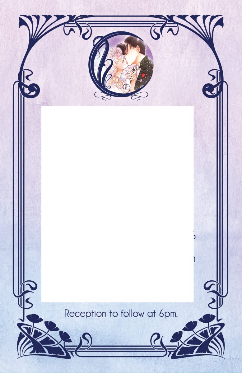 a pink and purple invitation with an art nouveau frame and usagi and mamoru in a crescent moon at the top