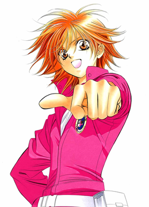 Kyoko wearing a pink jacket with her thumb sticking out