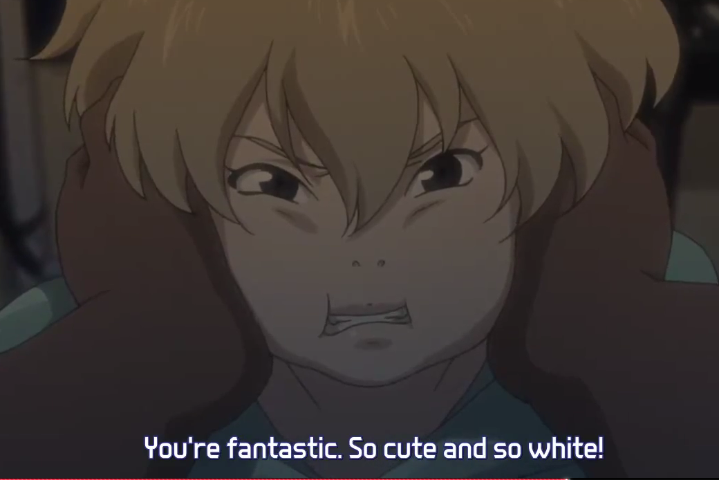 Hands pinch Hatchin's cheeks while the subtitles read "You're fantastic. So cute and so white!"