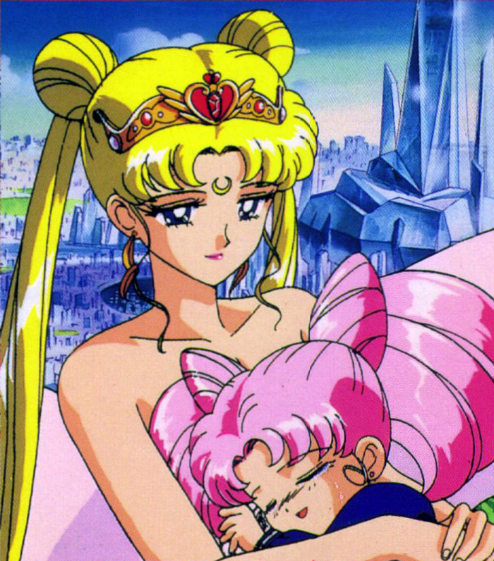 Neo Queen Serenity holds Chibiusa in this anime image