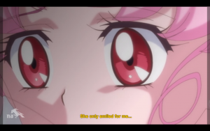 Close up of Chibiusa. Subtitle reads "She only smiled for me..."
