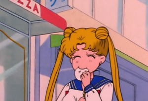 Usagi eats a pork bun