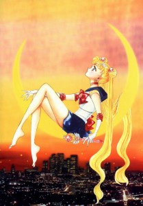 A manga image of Sailor Moon, holding the Moon Scepter and sitting on a crescent moon, over looking Tokyo