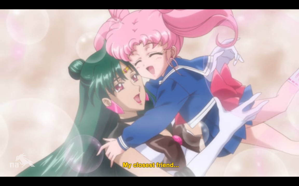 Pluto and Chibiusa hug, the subtitle reads "My closest friend..."