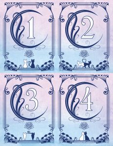 a sheet of four table numbers with a crescent moon, a frame and luna and artemis