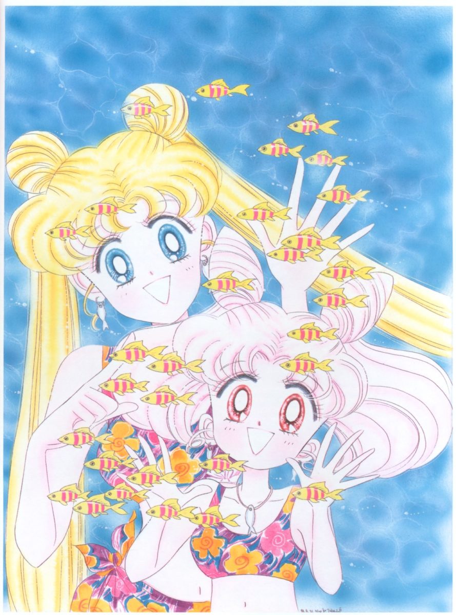 Usagi and Chibiusa are in swimsuits looking at fishes swimming in front of them