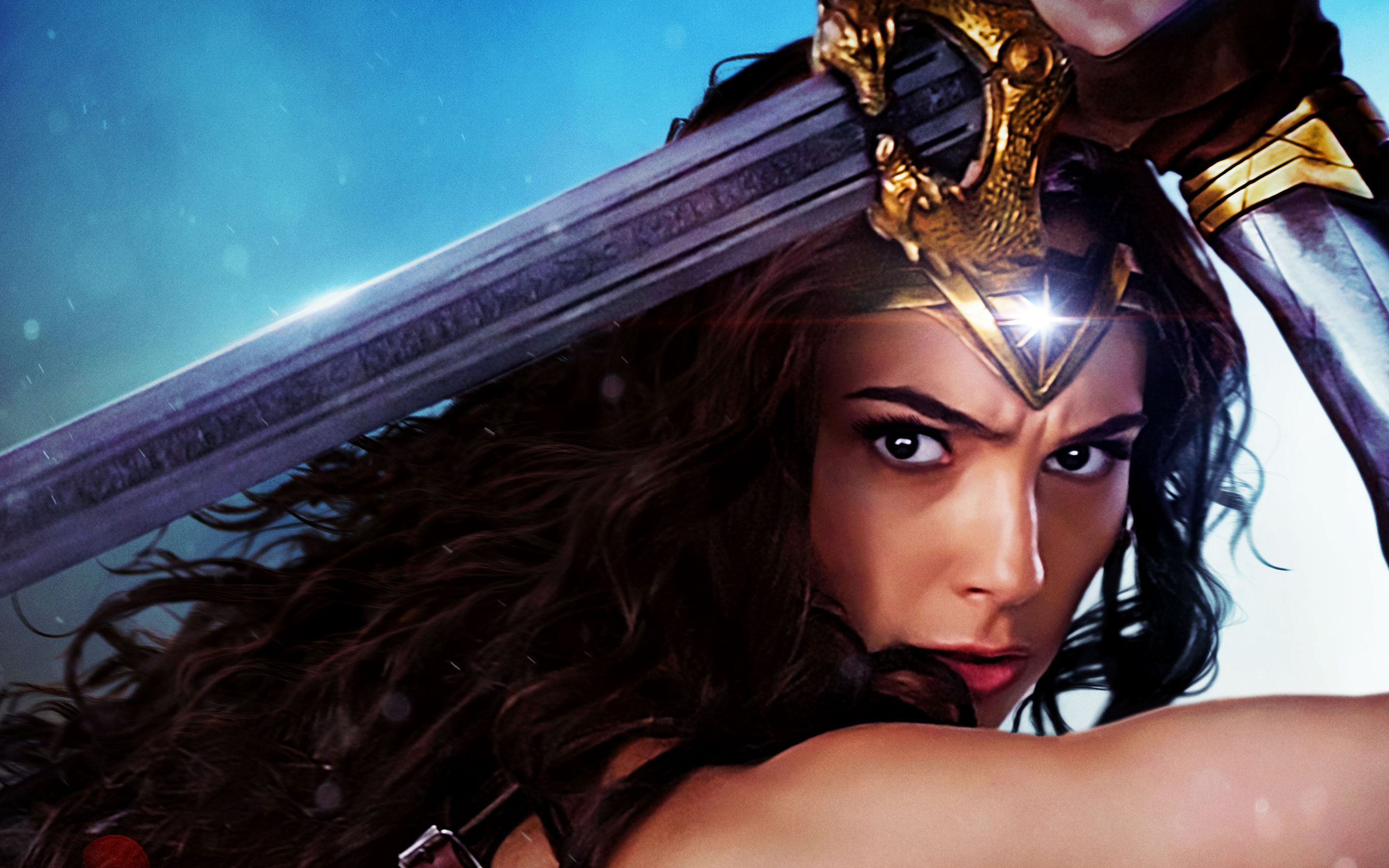 Wonder Woman holds her sword over her head, looking serious. The star in her tiara gleams.