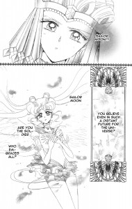 Manga panel from Missdream.org. Sailor Galaxia wonders if Sailor Moon is the soldier who embraces all.