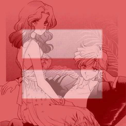 a black and white fanart image of Michiru and Haruka overlaid with the red equality logo and symbol