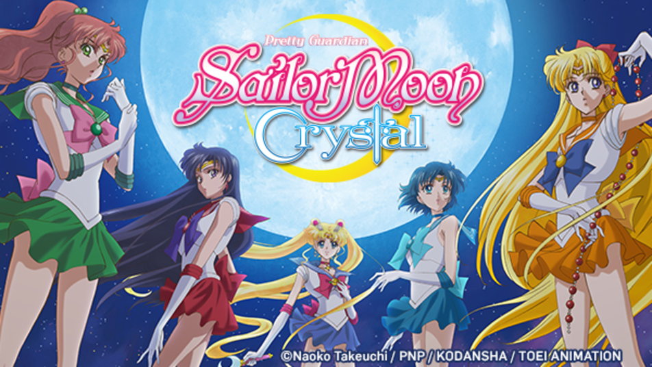The five inner senshi stand under the Sailor Moon Crystal Logo