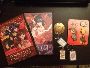 fushigi yugi dvds, sailor moon brooch, 3 key chains and Azumangadiaoh pins