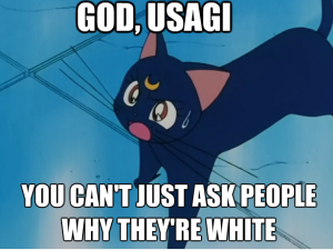 A black cat, Luna, appears and written across the image says, "God, Usagi, you can't just ask people why they're white." 