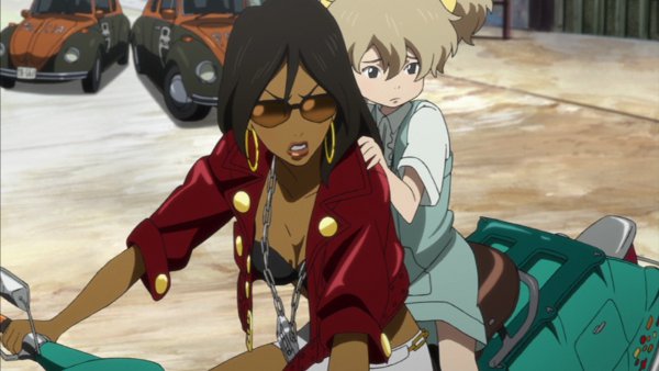 Michiko sits on her motorcycle with Hatchin holding onto her, concerned