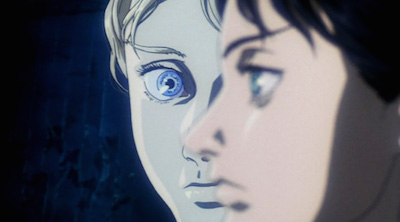 In the foreground is Motoko's profile and in the background is the puppet master's blonde haired, blue eyed face.