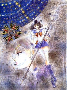 Manga Sailor Saturn stands holding the glaive. Her face appears in the background, looking to the left.