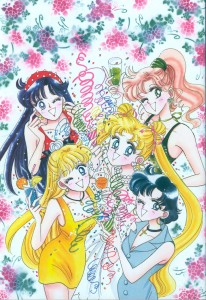 rei, makoto, minako, usagi and ami wear dresses and throw confetti. manga image from mangastyle.net