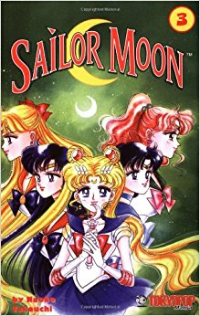 Volume 3 cover of the original volume of sailor moon with the 5 guardians with Sailor Moon holding the moonstick with a crystal clear crescent moon