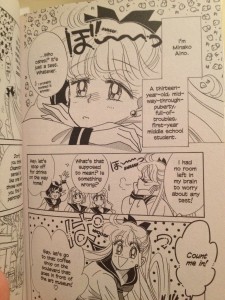 A page of the Sailor V manga, where Minako introduces herself and her friends invite her for drinks.