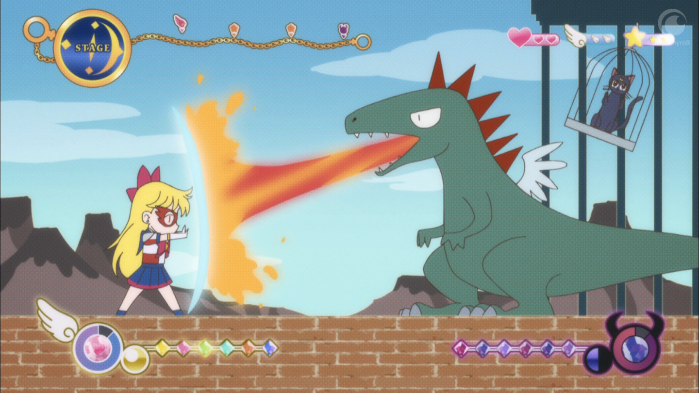 A screenshot of the Sailor V video game. Sailor V blocks fire from a dragon.