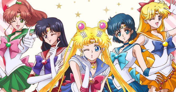 The inner senshi sailor moon crystal stlyle with jupiter, mars, moon winking, mercury and venus