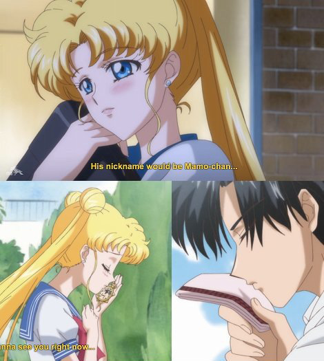 Three screenshots: Usagi naming Mamoru "Mamo-chan", Usagi kissing his watch and Mamoru kissing her handkerchief