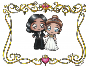 A dude chibi in a tux and a girl chibi dressed as princess serenity stand holding hands with a swirly gold border